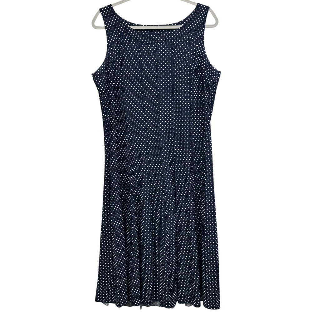 PerSeption Concept Dress Womens XL Navy Polka Dot Sleeveless Fit & Flare Midi